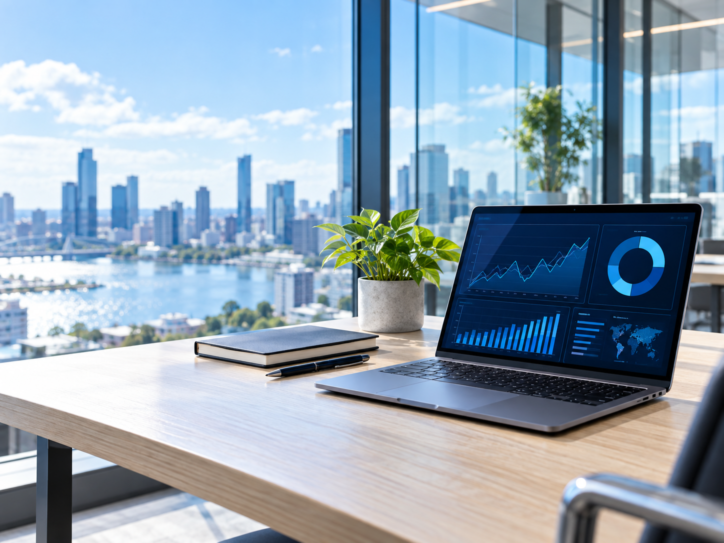 Modern digital product workspace with an analytics dashboard on a laptop